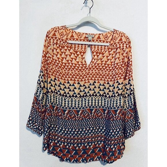 Lucky Brand Top Womens Large Geometric Print V Neck Keyhole Back Lightweight - Picture 1 of 6
